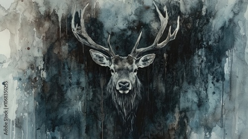 Artistic Deer Head with Antlers in Watercolor Style photo