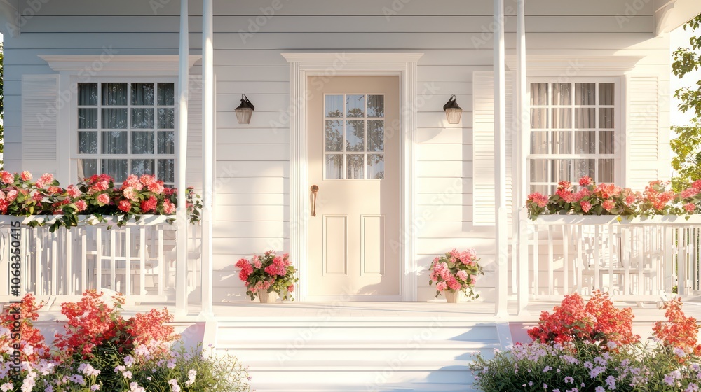 Naklejka premium Elegant white house with a fawn door and colorful porch flowers.
