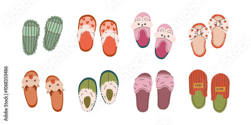 Cozy domestic slippers. Home soft and comfy footwear, fluffy slippers, flip flops and male and female textile house shoes flat vector illustration . Indoor footwear collection isolate on white .