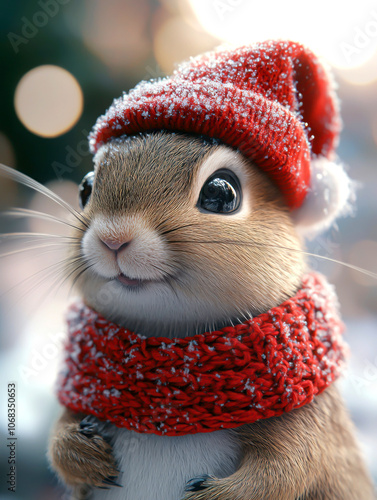 Cute squirrel wearing a red hat and scarf, snowy background, festive and cheerful. photo