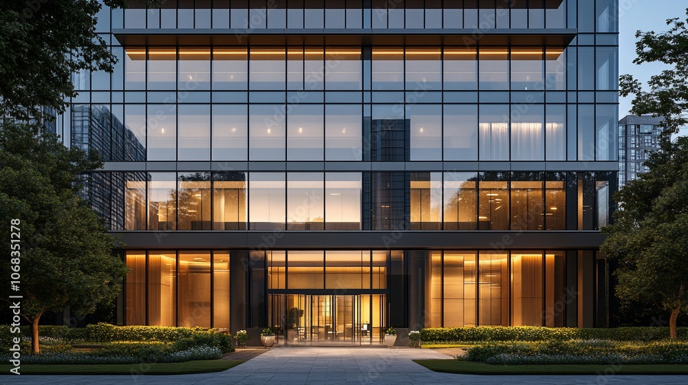 Modern glass building entrance with automatic doors, illuminated at dusk, surrounded by landscaping. Modern glass building entrance with automatic doors, illuminated at dusk, surrounded by landscaping.