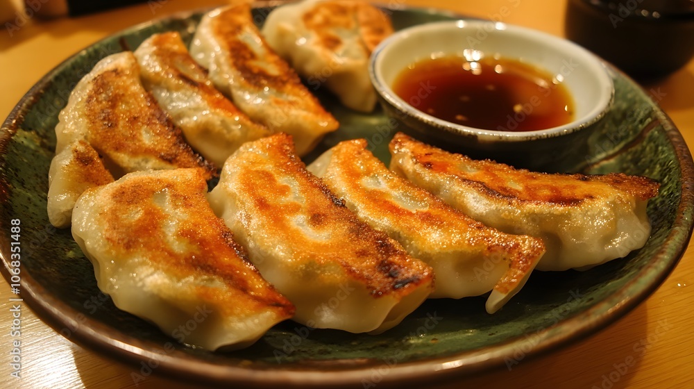 A plate of gyoza, pan-fried dumplings stuffed with pork and vegetables, served with a soy-vinegar dipping sauce.
A plate of gyoza, pan-fried dumplings stuffed with pork and vegetables, served with a soy-vinegar dipping sauce.
