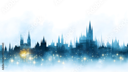 dreamy castle silhouette with sparkling lights in misty background
