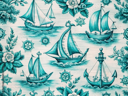 Vintage Nautical Toile de Jouy Pattern in Turquoise on a Crisp White Background, Perfect for Home Decor, Textiles, and Elegant Designs Reflecting Coastal Aesthetics photo