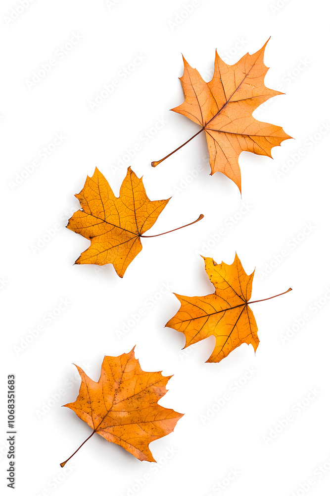 Yellow and brown dry leaves falling down in motion, isolated on white background Yellow and brown dry leaves falling down in motion, isolated on white background