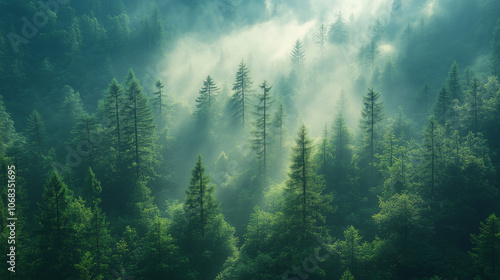 A forest filled with pine trees, with misty light filtering through the branches.