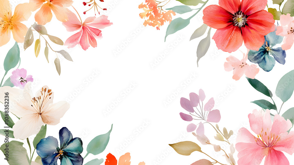 Obraz premium Vibrant floral border design with colorful watercolor flowers and leaves