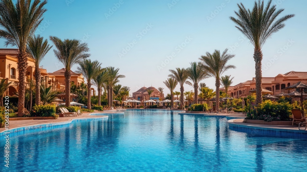 A luxurious resort with swimming pools and palm trees, A luxurious resort with swimming pools and palm trees,