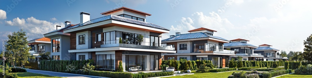 Coastal Bulgarian townhouses, modern design with silver roof tiles. Coastal Bulgarian townhouses, modern design with silver roof tiles.