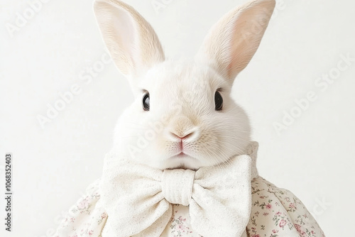 Cute white rabbit wearing floral dress with bow tie in pastel background