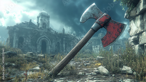 A large hammer lies on the ground amidst the ruins, its worn handle echoing the forgotten strength of the old castle.