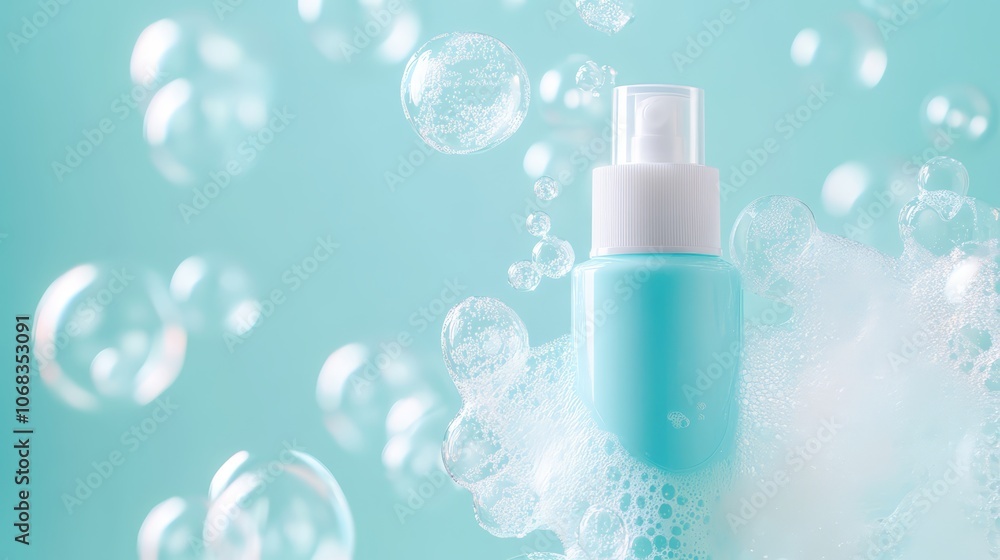 Blue Foaming Facial Cleanser Bottle with Bubbles on Light Blue Background