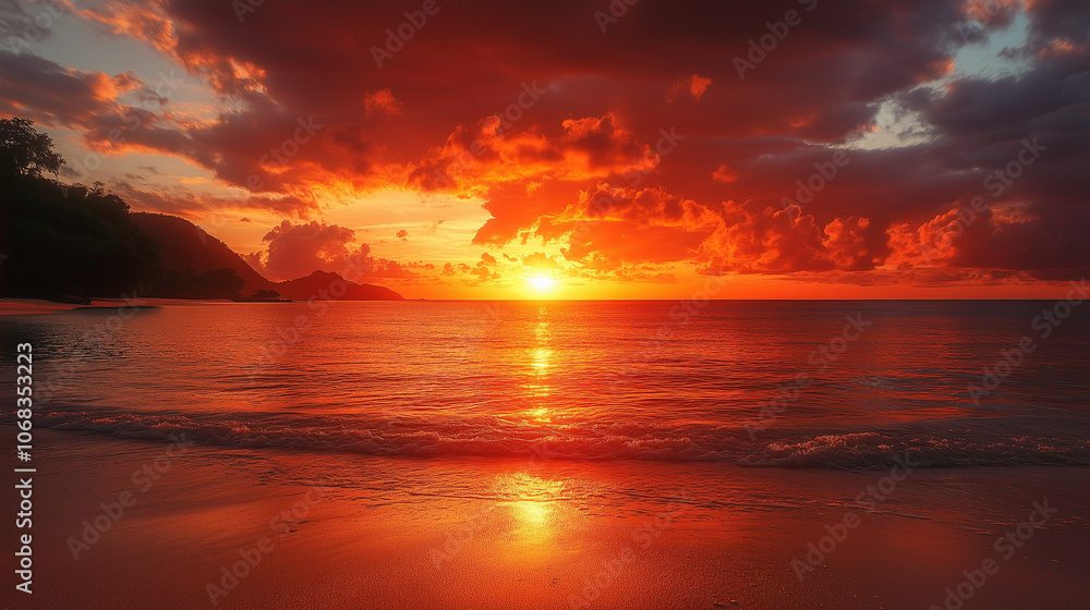 Naklejka premium The setting sun spills red and orange hues across the water, creating a fiery reflection on its surface.