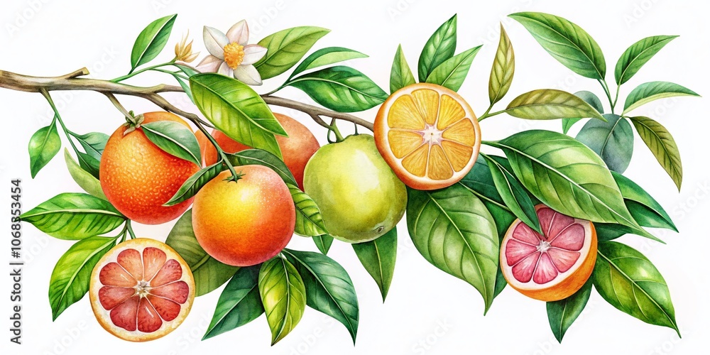 Elegant Hand-Drawn Watercolor Illustration of Grapefruit Tree Leaves and Citrus Fruits Isolated on White Background, Showcasing Botanical Art of Mandarin and Orange Tree Foliage Elegant Hand-Drawn Watercolor Illustration of Grapefruit Tree Leaves and Citrus Fruits Isolated on White Background, Showcasing Botanical Art of Mandarin and Orange Tree Foliage