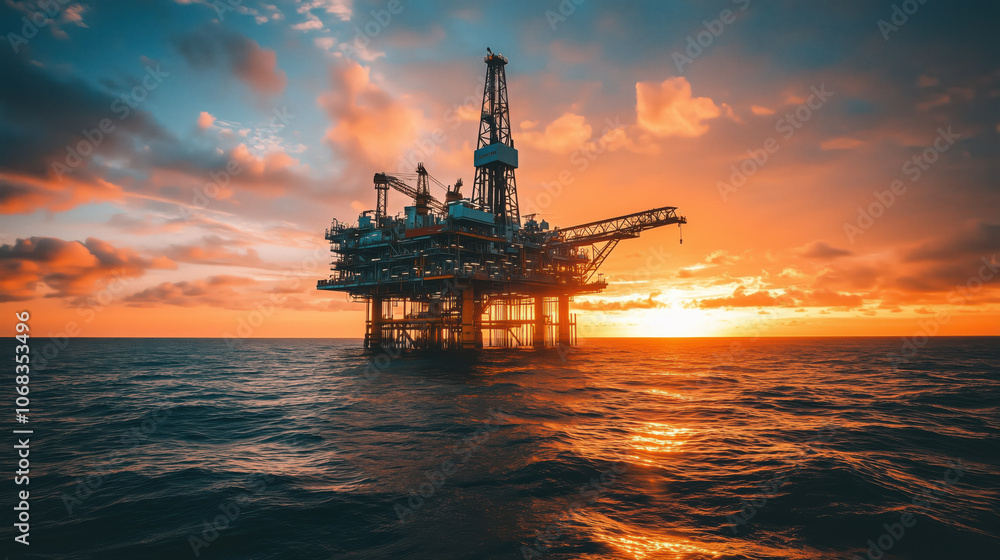 panoramic shot of American oil drilling platform at sunset, showcasing vibrant colors and ocean panoramic shot of American oil drilling platform at sunset, showcasing vibrant colors and ocean