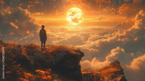A man stands alone on the top of a mountain. In the midst of the rising sun that shines brightly