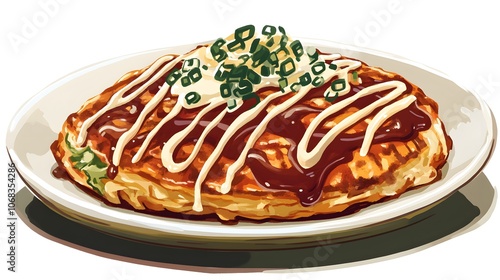 A serving of okonomiyaki, a savory Japanese pancake filled with cabbage, pork, and drizzled with mayonnaise and okonomiyaki sauce.