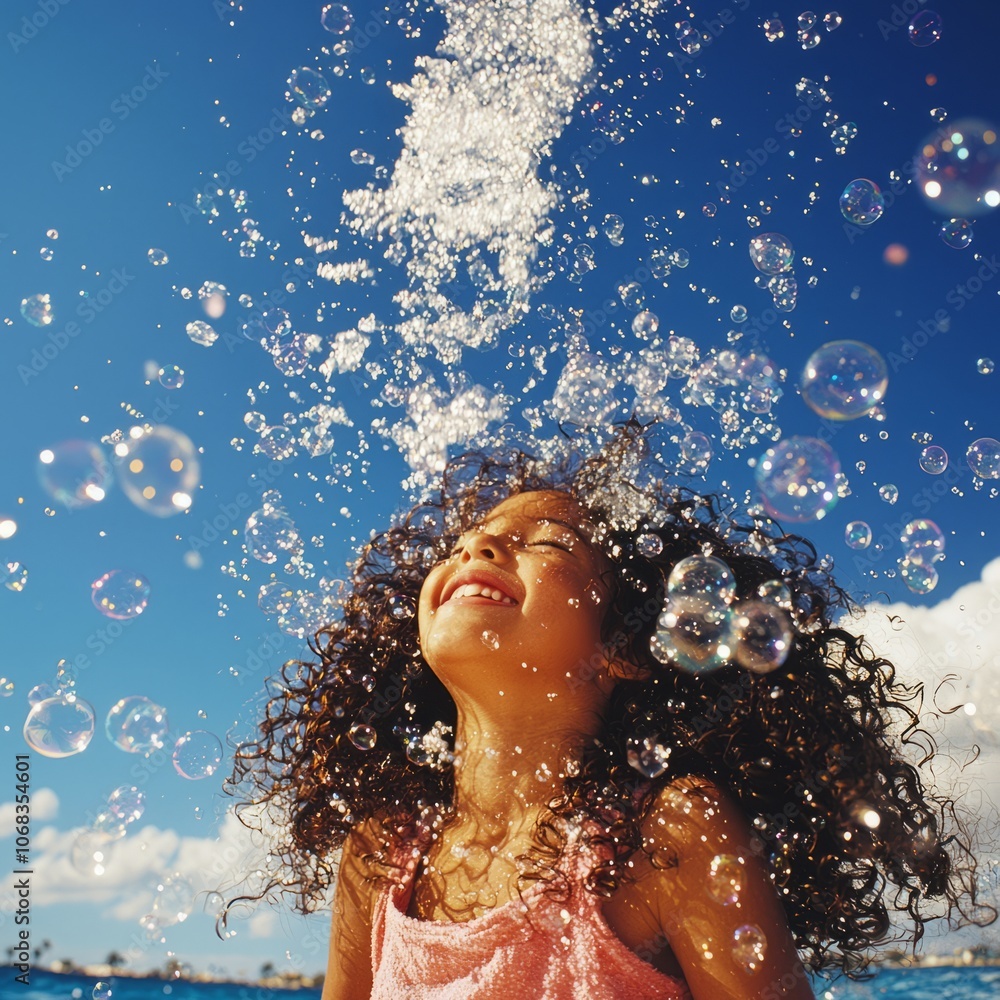 A joyful girl playing with bubbles under a bright blue sky. A joyful girl playing with bubbles under a bright blue sky.