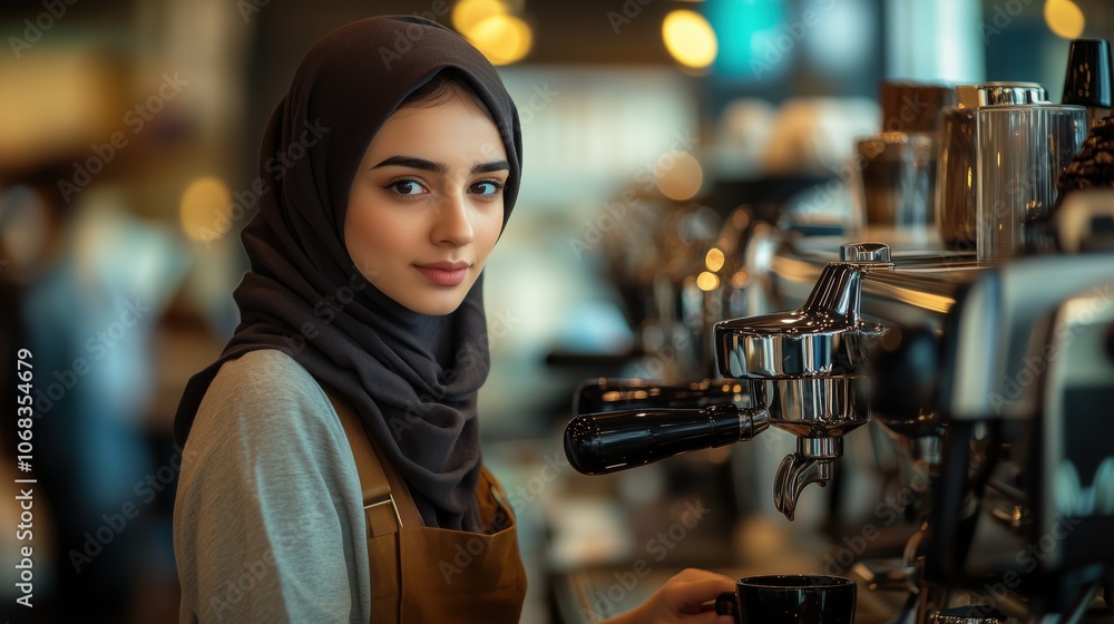 Muslim Barista at Modern Coffee Machine. Confident barista wearing a dark hijab works at a modern coffee machine in a bright and welcoming cafe setting. Muslim Barista at Modern Coffee Machine. Confident barista wearing a dark hijab works at a modern coffee machine in a bright and welcoming cafe setting.