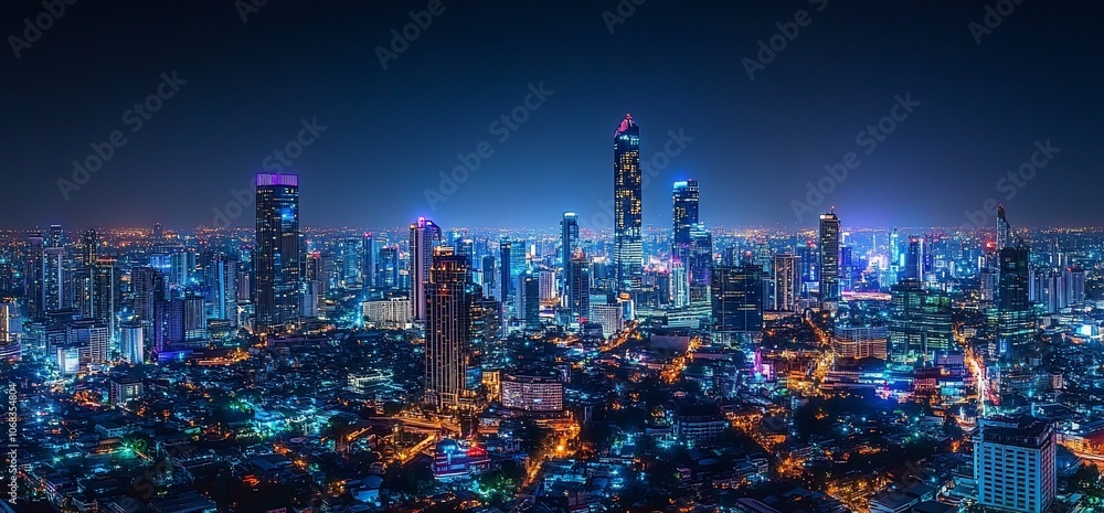Night view of a city skyline with skyscrapers illuminated. Night view of a city skyline with skyscrapers illuminated.