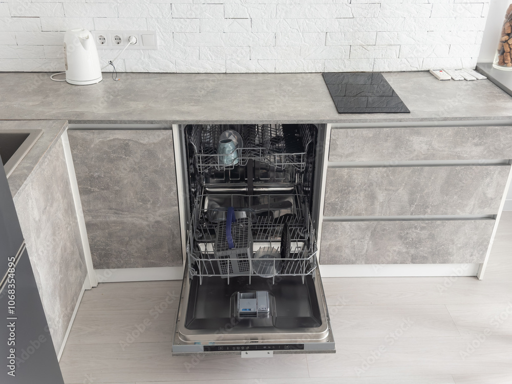 Open clean empty dishwasher in kitchen. Home appliance Open clean empty dishwasher in kitchen. Home appliance
