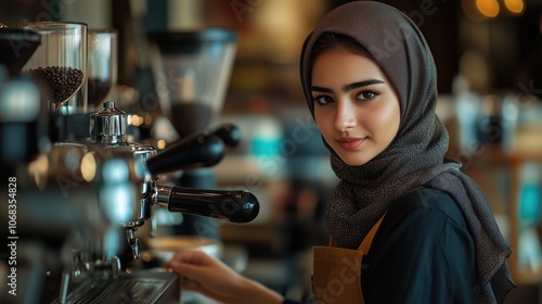 Muslim Barista Operating Coffee Machine. Skilled barista in a hijab operates a coffee machine with confidence, creating a welcoming atmosphere in a modern cafe.