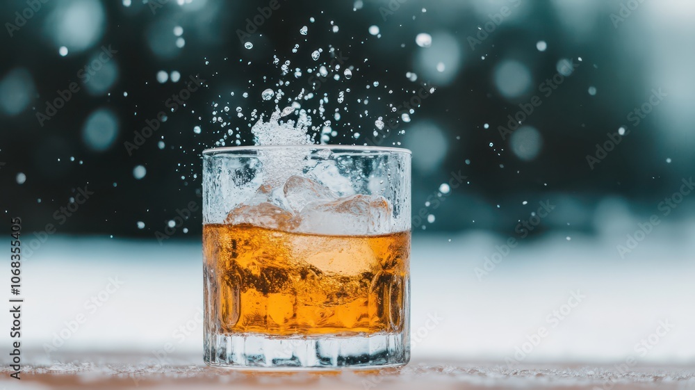 Chilled Perfection: Ice Splashing Into a Glass of Rich Whiskey, Capturing the Essence of Refreshing Indulgence. Chilled Perfection: Ice Splashing Into a Glass of Rich Whiskey, Capturing the Essence of Refreshing Indulgence.