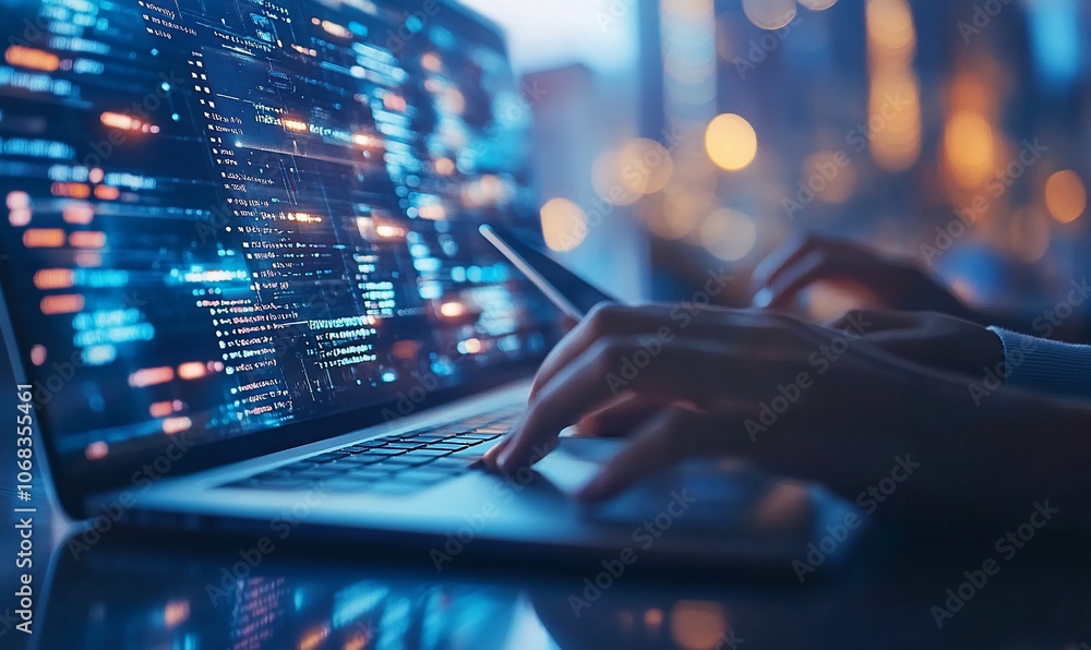 Programmer's hands typing code on a laptop with blurred city lights in the background. Programmer's hands typing code on a laptop with blurred city lights in the background.