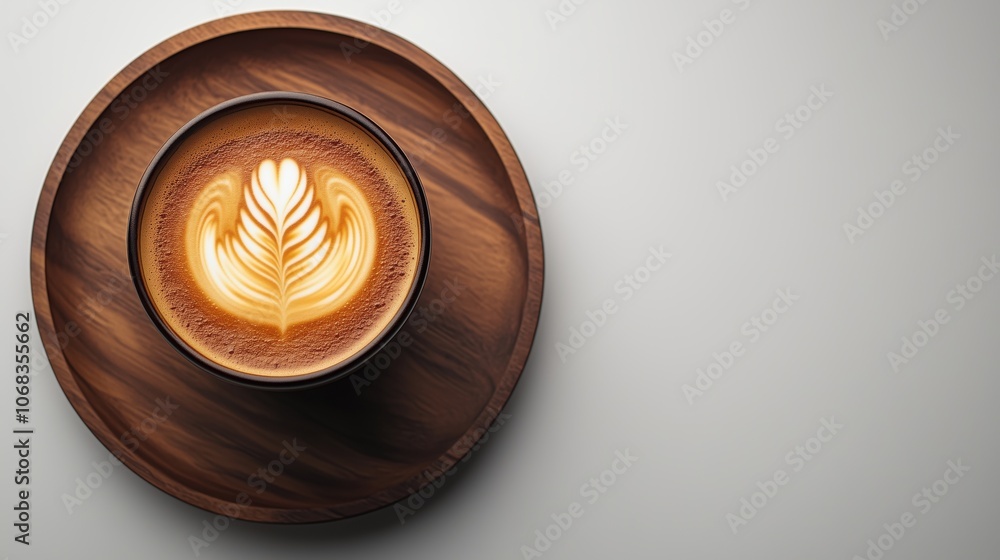 Latte Art in Cup on Wooden Tray. Top view of a cup of latte with artistic leaf pattern, placed on a wooden tray against a white background, showcasing barista skills. Latte Art in Cup on Wooden Tray. Top view of a cup of latte with artistic leaf pattern, placed on a wooden tray against a white background, showcasing barista skills.