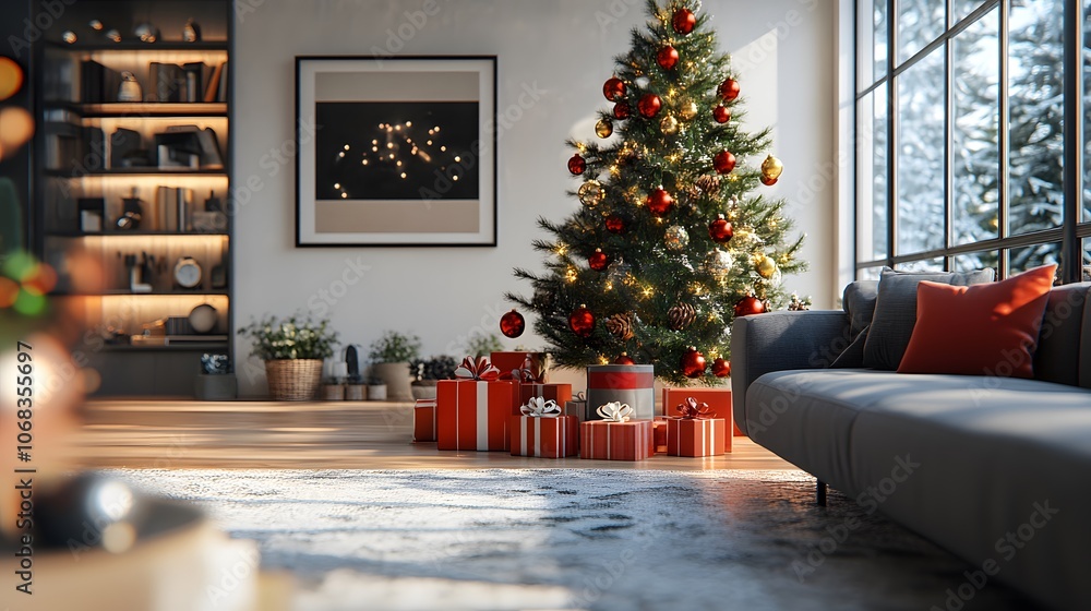 Festive living room with a decorated Christmas tree and beautifully wrapped gifts. Festive living room with a decorated Christmas tree and beautifully wrapped gifts.