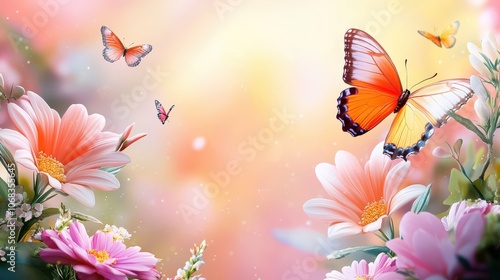 A vibrant anime garden background filled with colorful flowers, lush greenery, and butterflies fluttering around, perfect for crafting joyful visuals that celebrate nature's beauty.