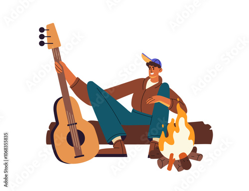 Tourist sitting on log plays guitar near campfire during hiking. Man with trekking music instrument relaxes at nature, outdoors. Hiker has fun in campsite. Flat isolated vector illustration on white