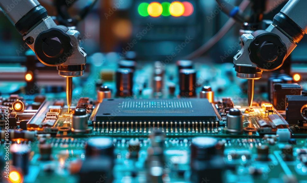 Advanced High Precision Robot Arms on Fully Automated PCB Assembly Line Inside Modern Electronics Factory. Electronic Devices Production Industry. Component Installation on Circuit Board Advanced High Precision Robot Arms on Fully Automated PCB Assembly Line Inside Modern Electronics Factory. Electronic Devices Production Industry. Component Installation on Circuit Board