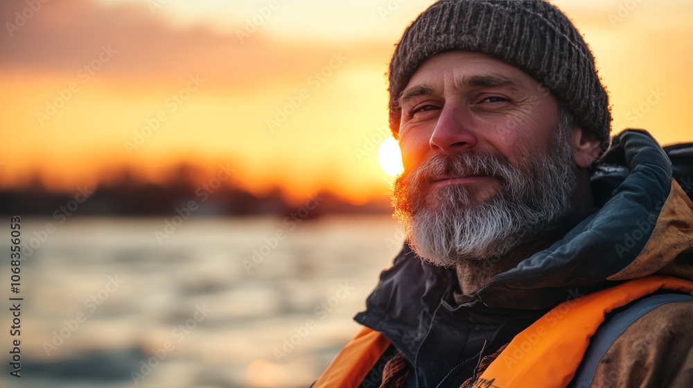 Bearded fisherman in protective gear on boat at sunset a captivating portrait of resilience Bearded fisherman in protective gear on boat at sunset a captivating portrait of resilience