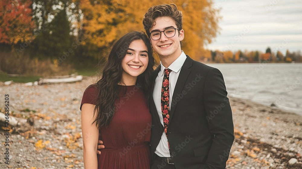 A couple poses happily by a lake in autumn attire, surrounded by nature. A couple poses happily by a lake in autumn attire, surrounded by nature.