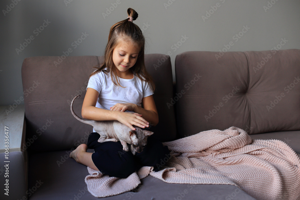 Girl Playing with Sphynx Cats Girl Playing with Sphynx Cats