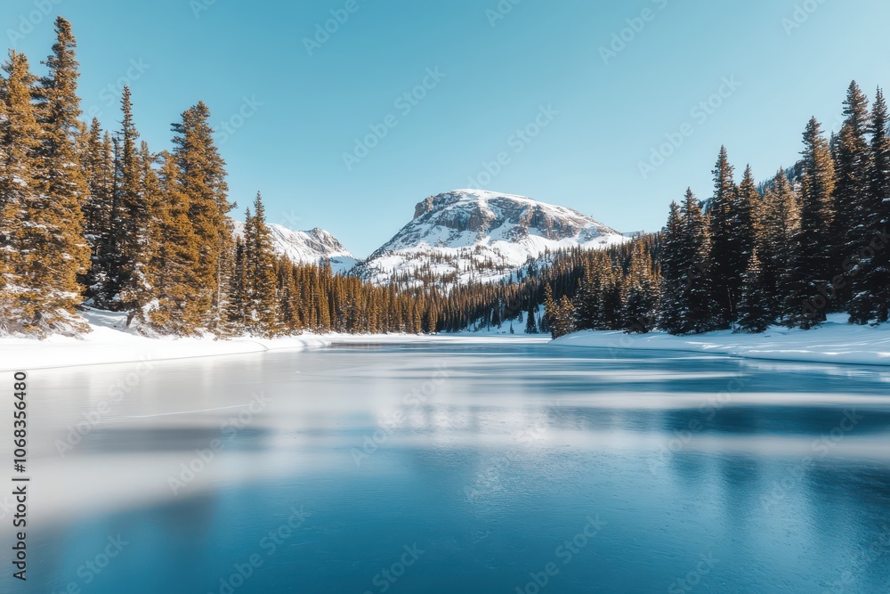 Serene frozen lake embraced by snow-covered pine trees, capturing winter's tranquil beauty. Serene frozen lake embraced by snow-covered pine trees, capturing winter's tranquil beauty.