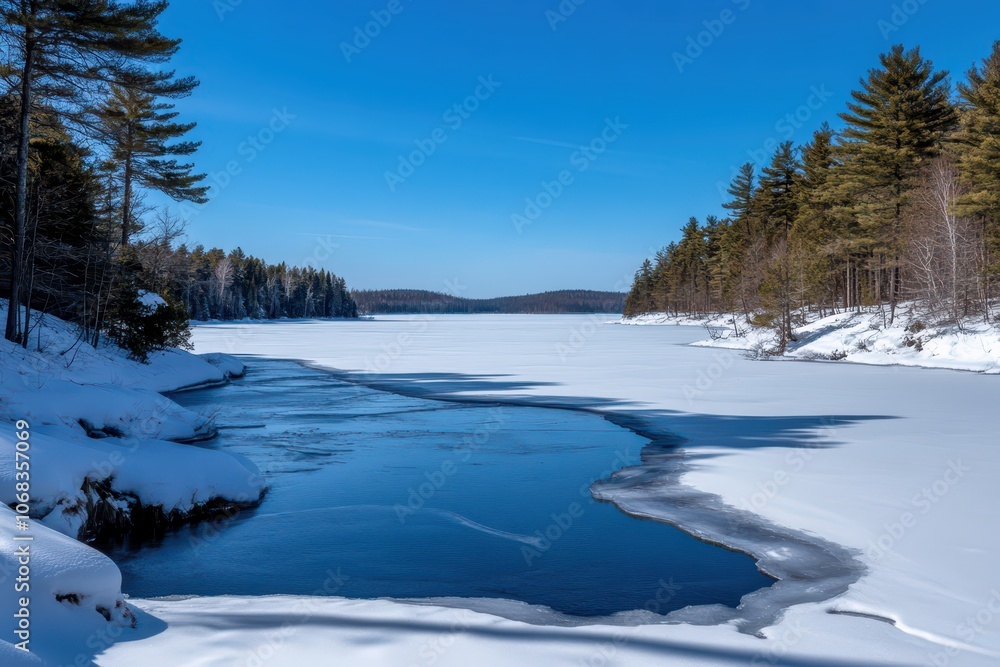 Serene frozen lake embraced by snow-covered pine trees, capturing winter's tranquil beauty. Serene frozen lake embraced by snow-covered pine trees, capturing winter's tranquil beauty.