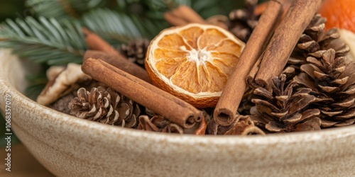 Close-up of a bowl of holiday-themed potpourri with dried oranges, cinnamon sticks, and pinecones, filling the air with a festive scent.