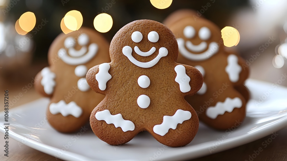 Delightful gingerbread cookies on a festive plate with a warm bokeh background. Delightful gingerbread cookies on a festive plate with a warm bokeh background.