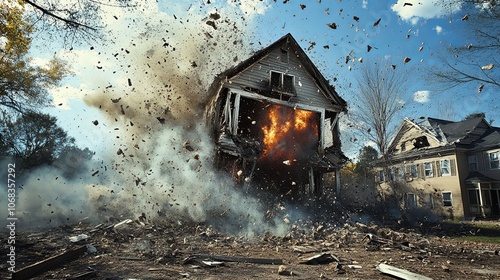 Witness the dramatic moment when a house is smashed to oblivion by explosive forces