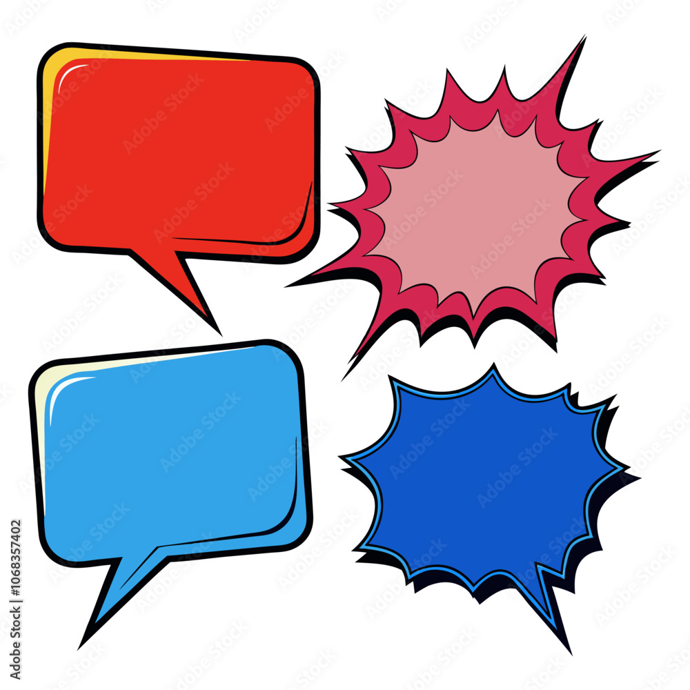 Obraz premium Collection of dynamic, pop-art comic-style speech and thought bubbles in various shapes and sizes, including blank speech bubbles for text, available in vector and icon formats.