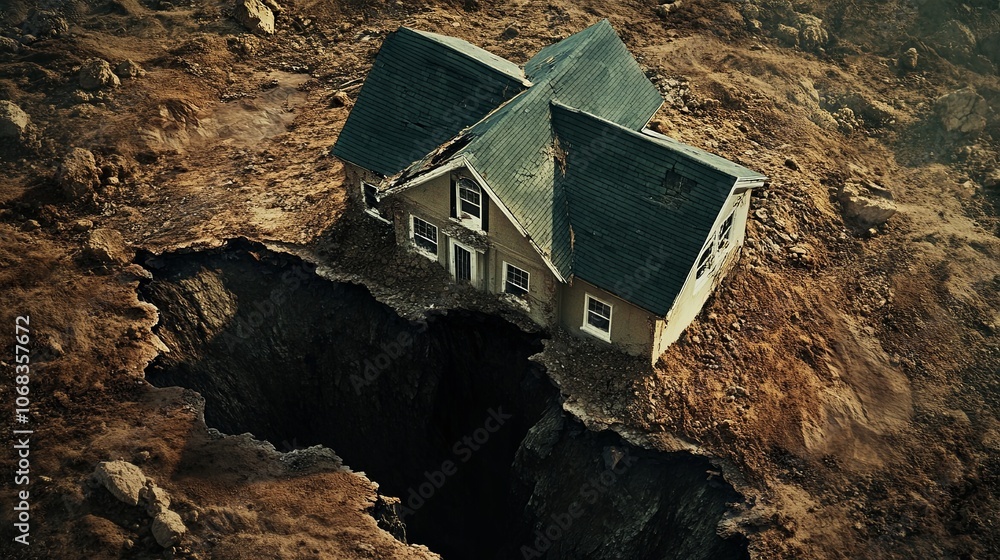 Fototapeta premium Devastating impact how a house is consumed by a massive sinkhole in a dramatic landscape