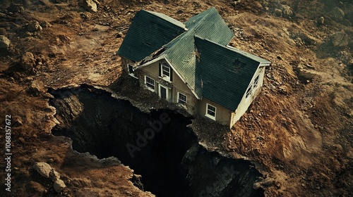 Devastating impact how a house is consumed by a massive sinkhole in a dramatic landscape