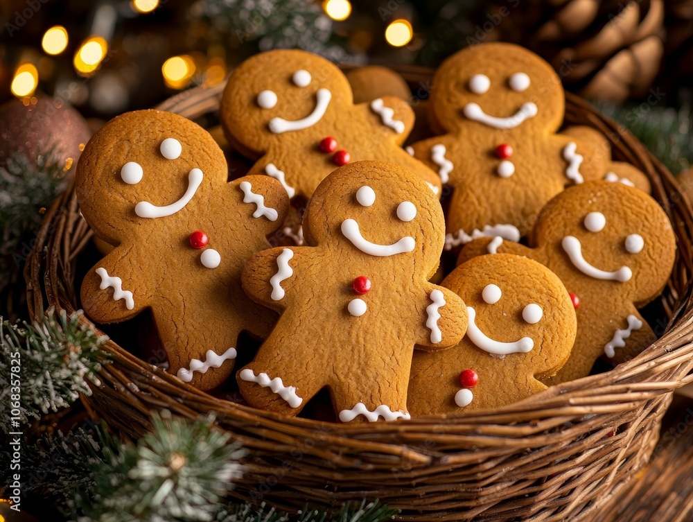 A holiday display featuring a wicker basket of gingerbread cookies with smiling faces and candy buttons, nestled among festive tree branches and lights. A holiday display featuring a wicker basket of gingerbread cookies with smiling faces and candy buttons, nestled among festive tree branches and lights.