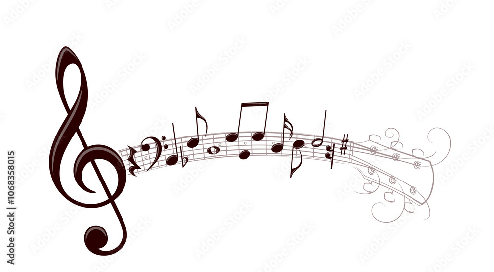 Naklejka premium Guitar stylized symbol with musical notes. 