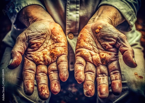 Vintage Style Photography of Dry Hands with Contact Dermatitis and Fungal Infections, Highlighting Skin Peeling and Irritation in a Soft, Aged Color Palette