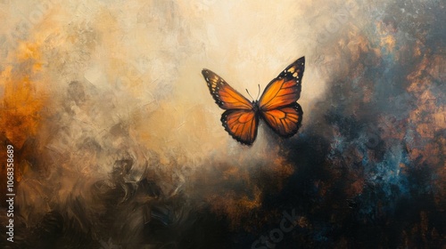 an exquisite oil painting in Neo-Expressionism style, depicting a solitary butterfly amidst swirling mist in a Greek-inspired setting, with dynamic brushstrokes bringing it to life. photo