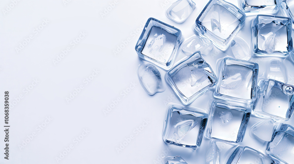 Ice Cubes on White Surface, a collection of crystal-clear ice cubes showcasing intricate textures and shapes against a pristine white backdrop, ample space for text inclusion Ice Cubes on White Surface, a collection of crystal-clear ice cubes showcasing intricate textures and shapes against a pristine white backdrop, ample space for text inclusion