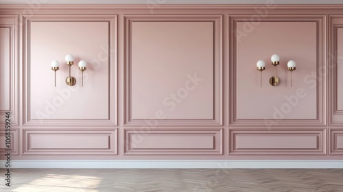 Elegant blush pink interior with classic wood panels and contemporary sconces.